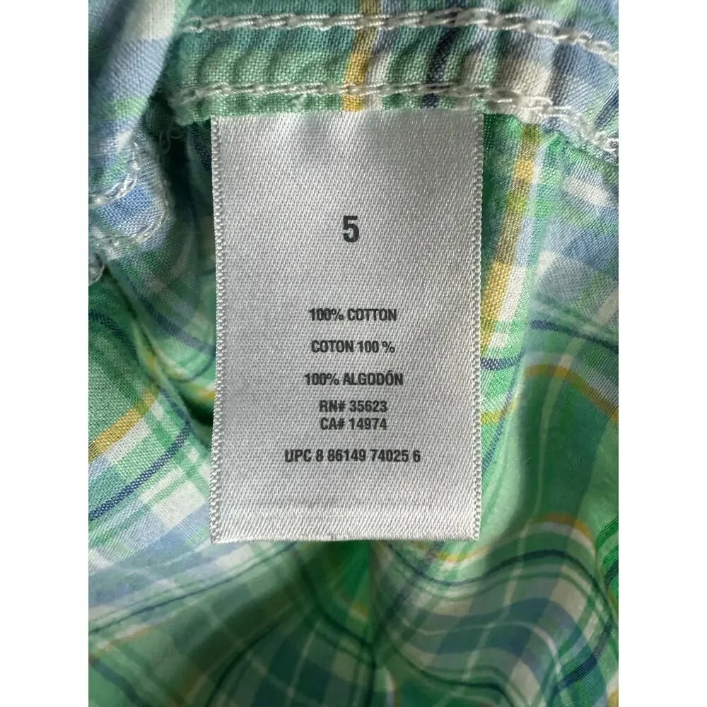 Carter's Boys Shirt Sz 5 Green White Blue Yellow Long Sleeve Plaid‎ Buttons